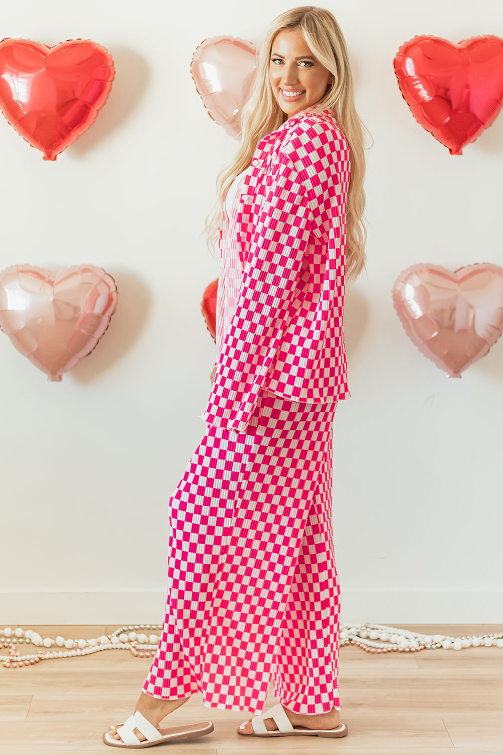 Pink Checkered Buttoned Shirt & High Waist Pants Pajama Set for Valentine’s