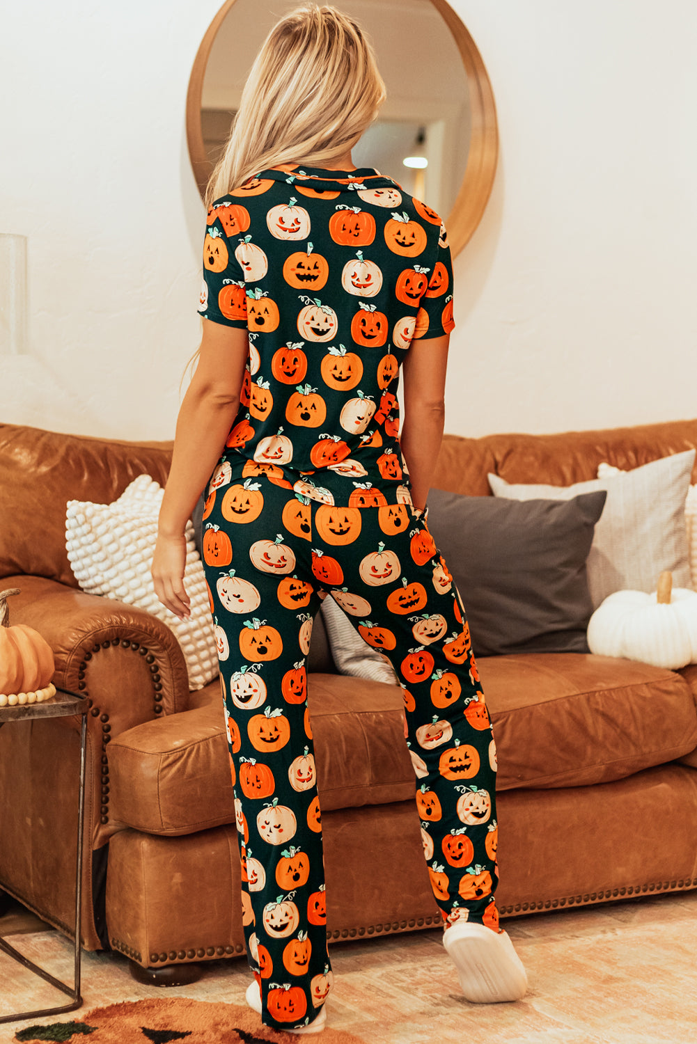 Orange Pattern Short Sleeve Shirt Pajama Set