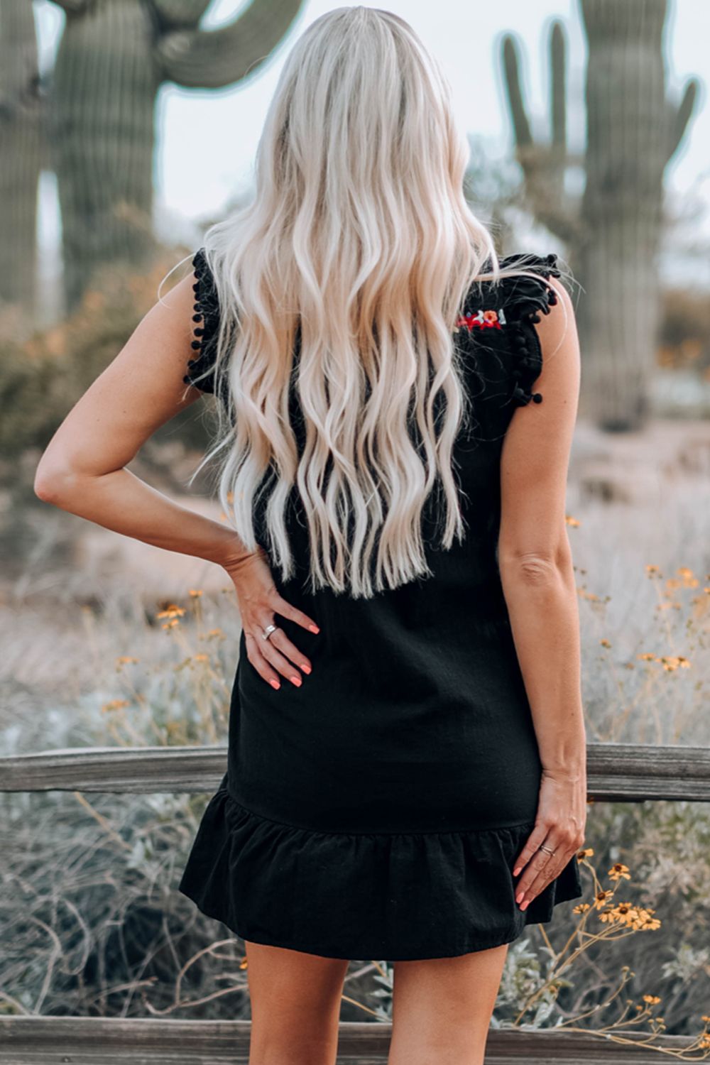 Black Boho Print Pompom Sleeve Mini Dress | Floral Detailing
