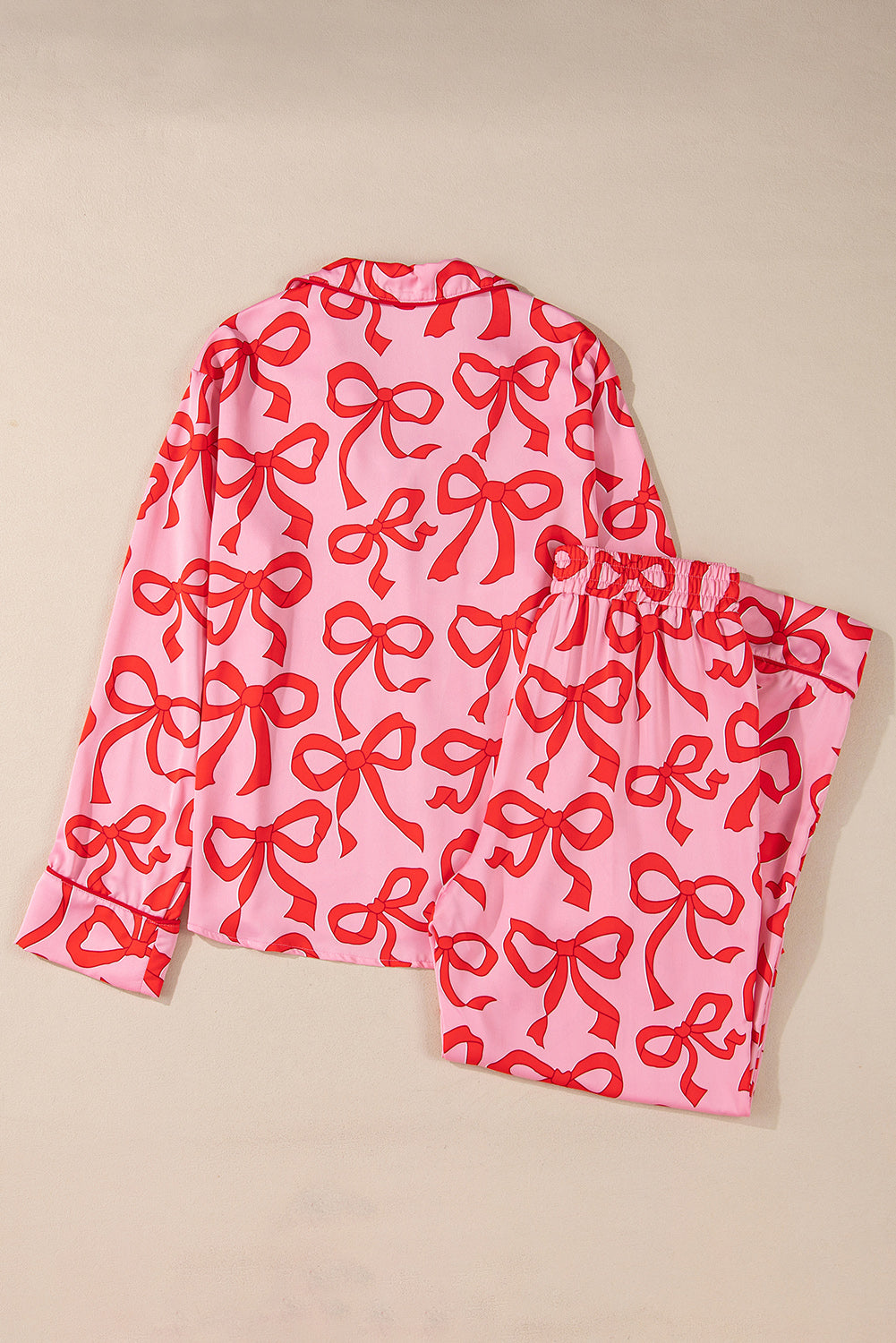 Pink 2pcs Bow Print Pajama Set – Shirt Style, Long Sleeve for Valentine’s