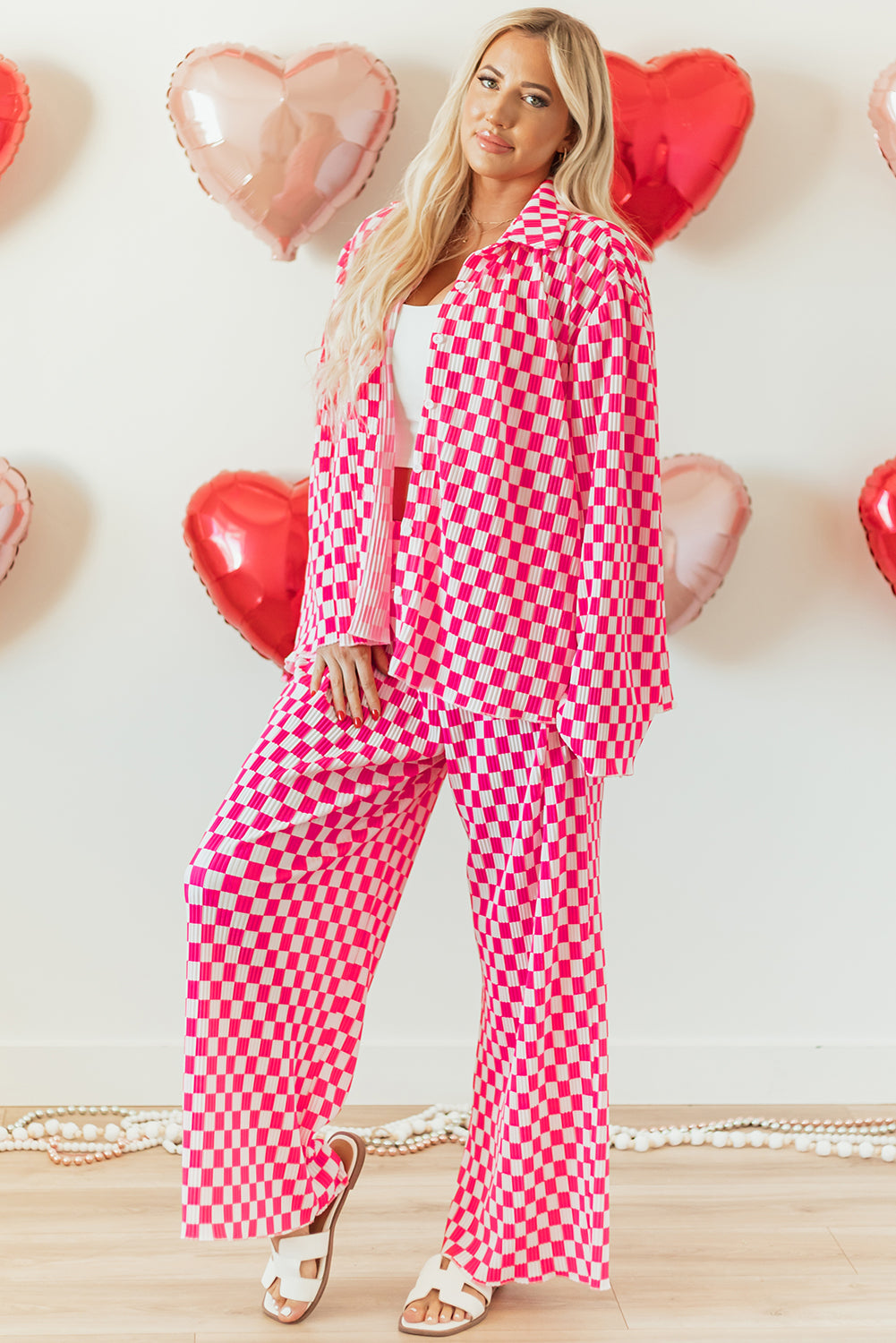 Pink Checkered Buttoned Shirt & High Waist Pants Pajama Set for Valentine’s