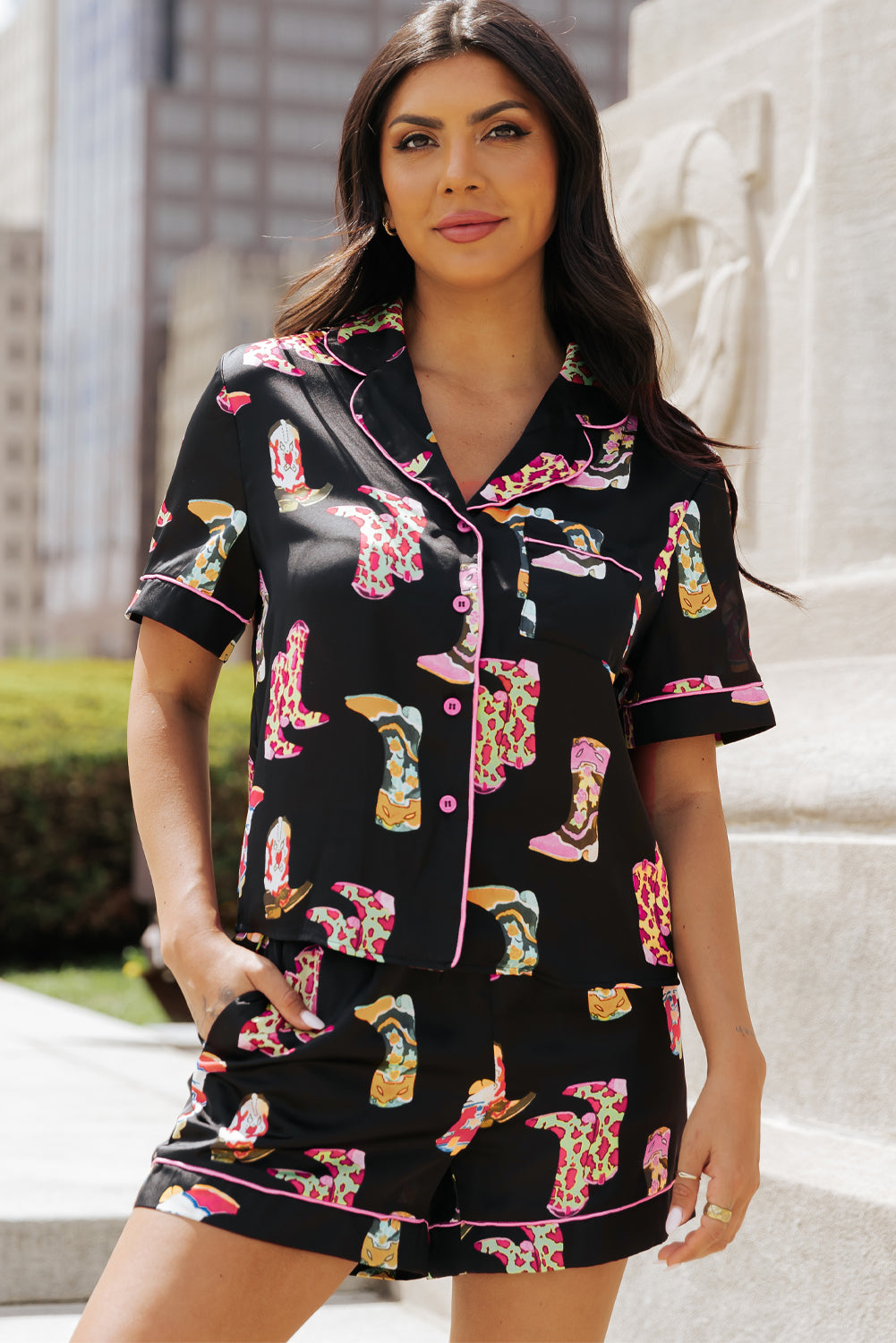 Black Western Boots Print Valentine’s Pajama Set – Short Shirt & Shorts