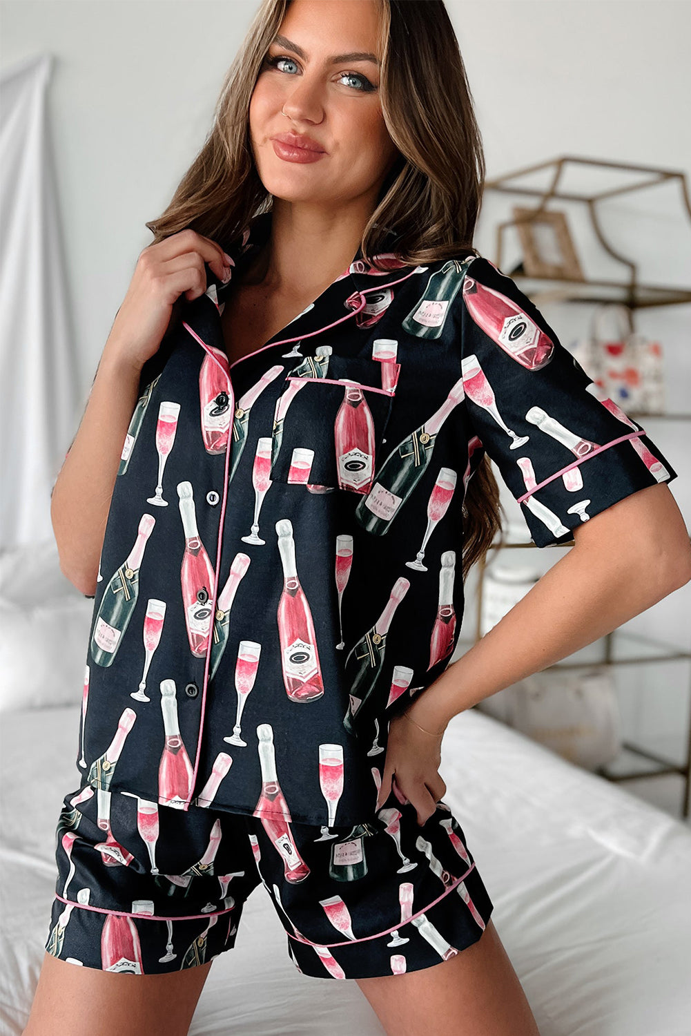 Black Champagne Print Silky Pajama Set – Short Sleeve for Valentine’s