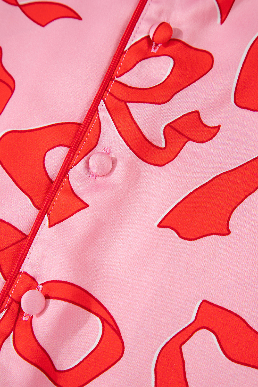 Pink 2pcs Bow Print Pajama Set – Shirt Style, Long Sleeve for Valentine’s