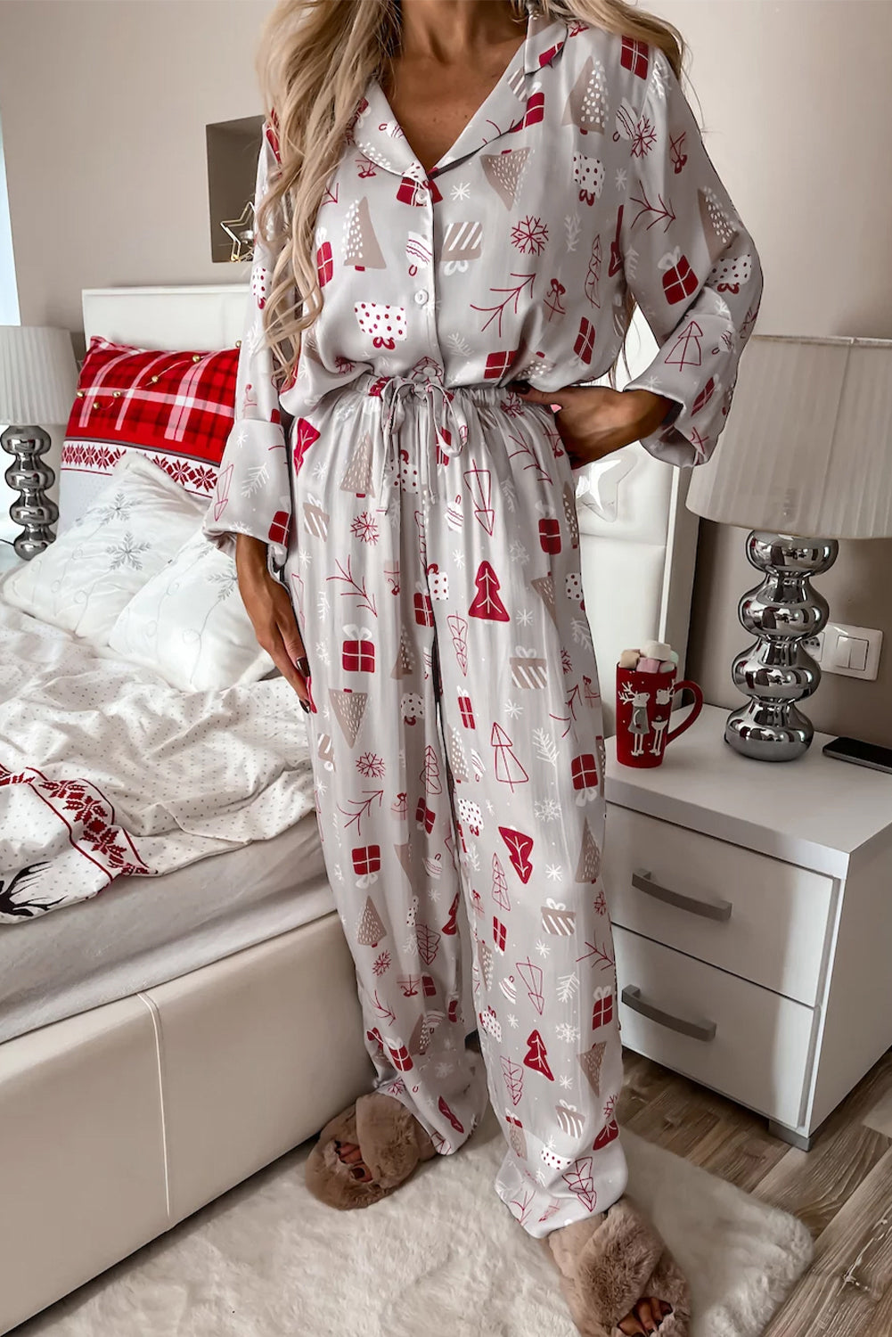 Light Grey Printed Shirt and Pants Pajama Set