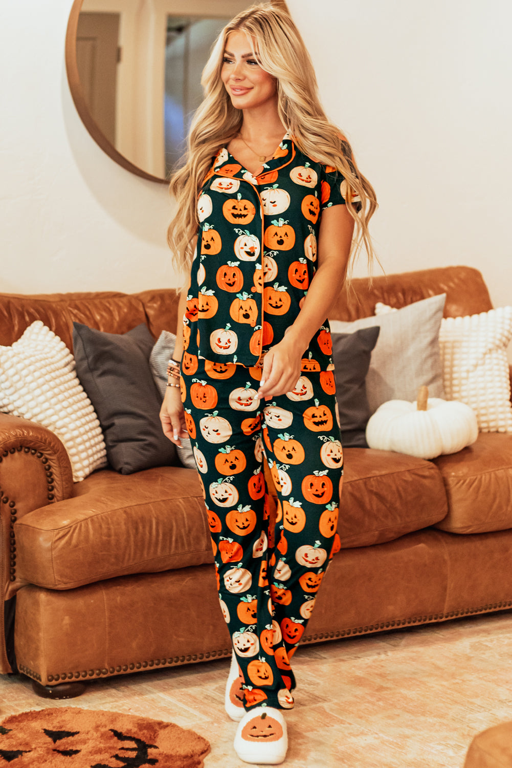 Orange Pattern Short Sleeve Shirt Pajama Set