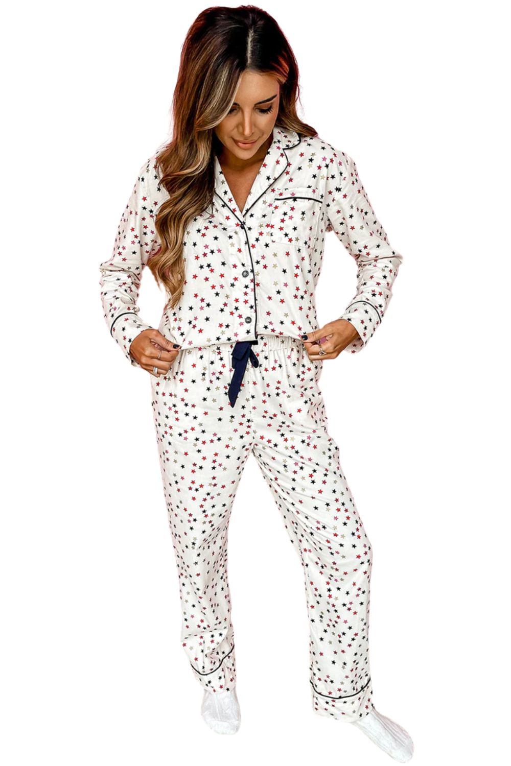 White Contrast Piping Star Pajama Set – Long Sleeve & Pants for Valentine’s