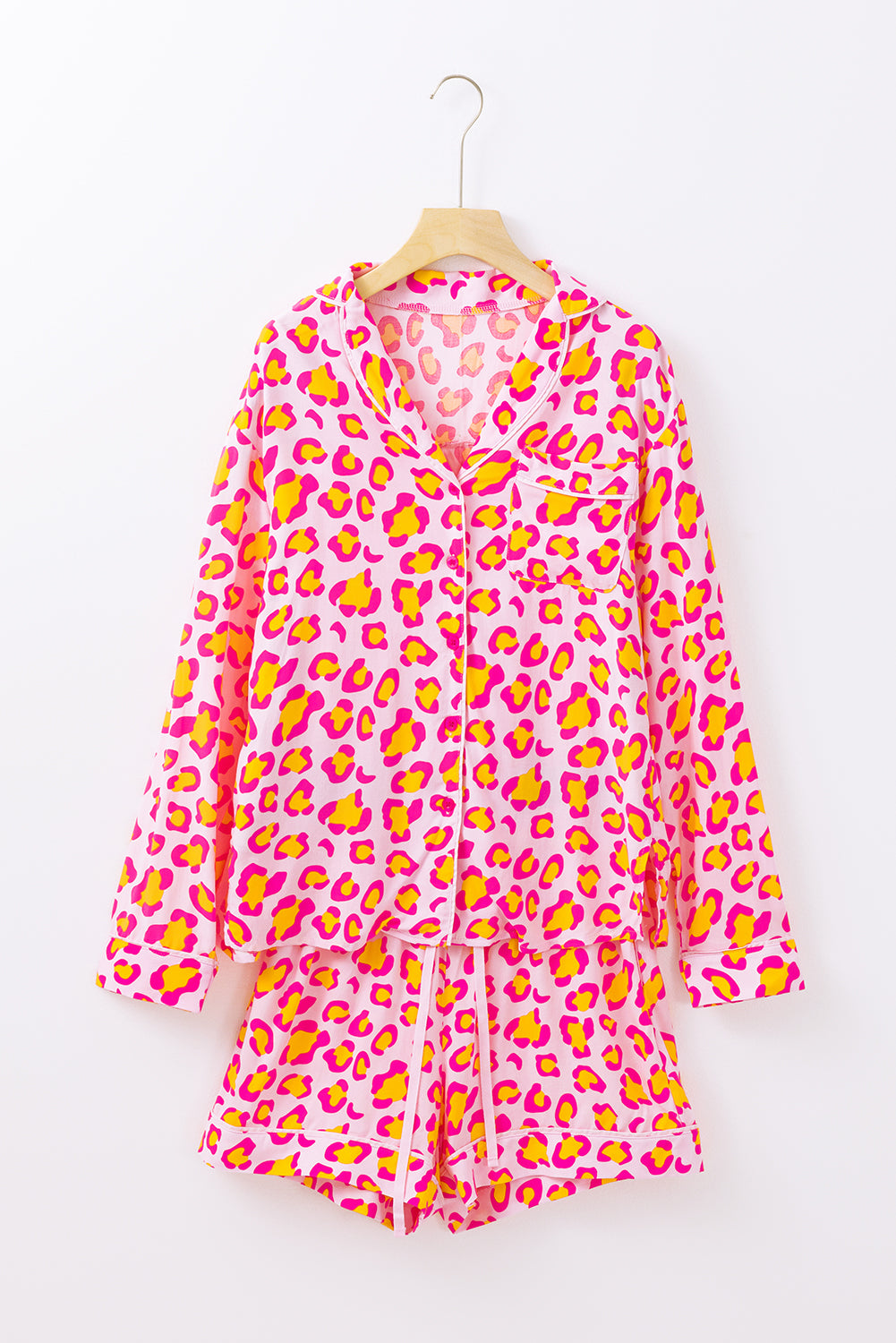 Pink Valentine’s Leopard Print Pajama Set – Long Sleeve Shirt & Shorts