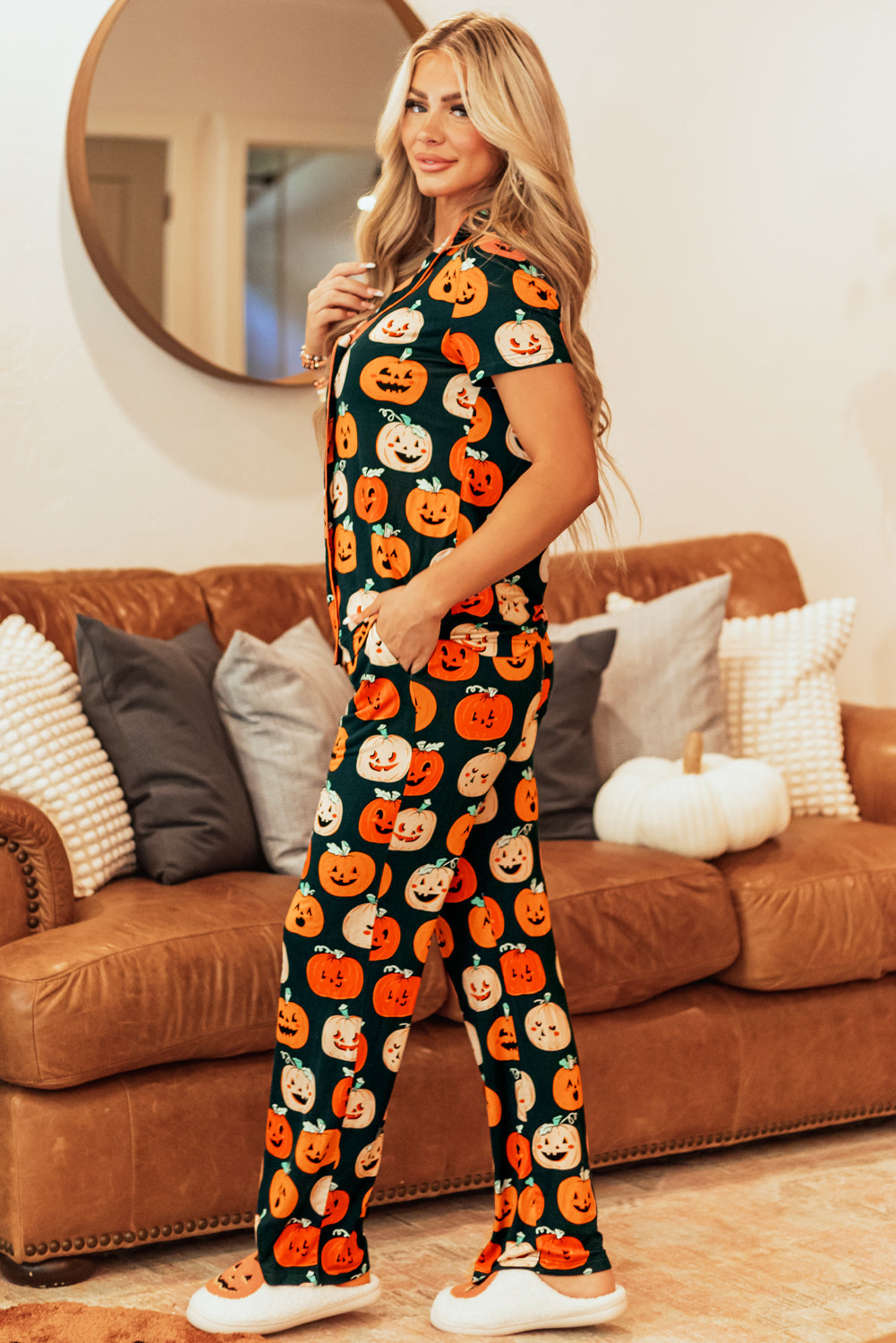 Orange Pattern Short Sleeve Shirt Pajama Set