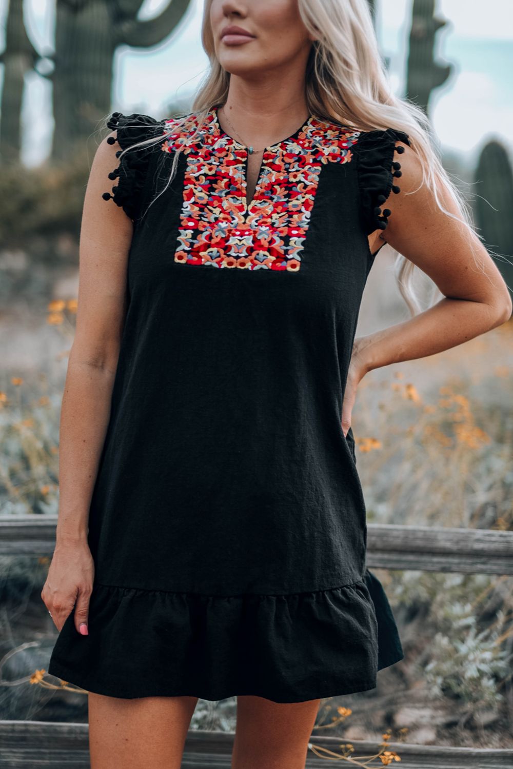 Black Boho Print Pompom Sleeve Mini Dress | Floral Detailing