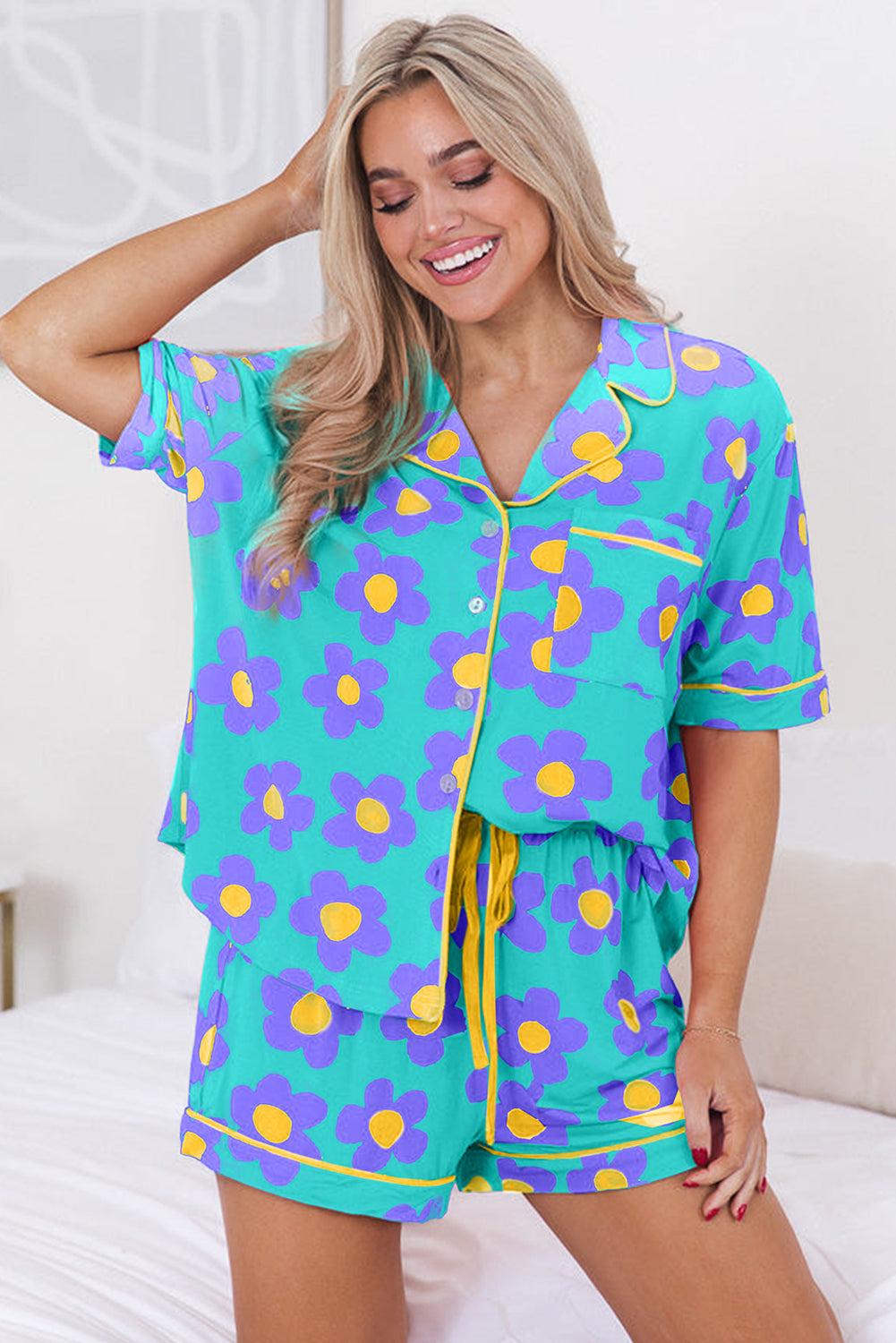 Green Flower Valentine’s Pajama Set – Short Sleeve Shirt & Shorts