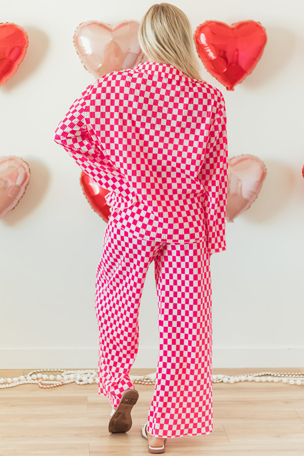 Pink Checkered Buttoned Shirt & High Waist Pants Pajama Set for Valentine’s