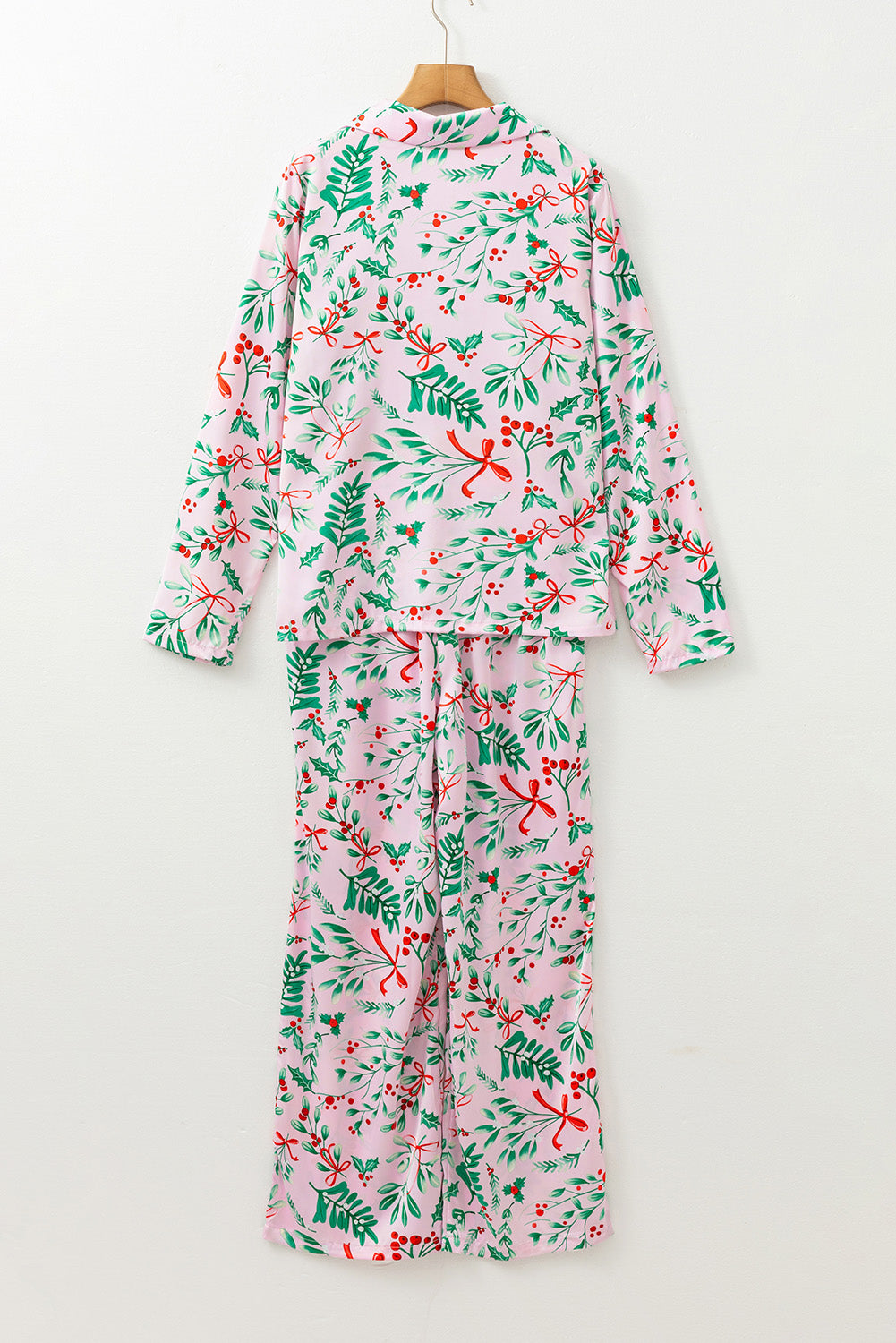 Pink Berries Plant Print Satin Long Sleeve Pajama Set