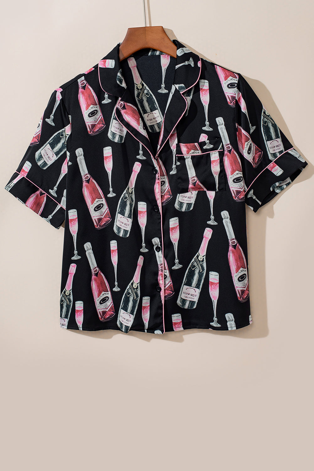 Black Champagne Print Silky Pajama Set – Short Sleeve for Valentine’s