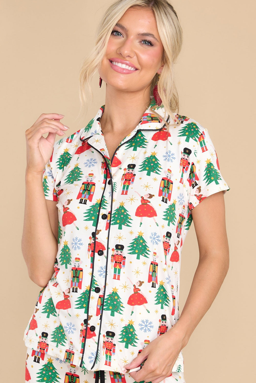 White Printed Pattern Buttoned Two Piece Sleepwear