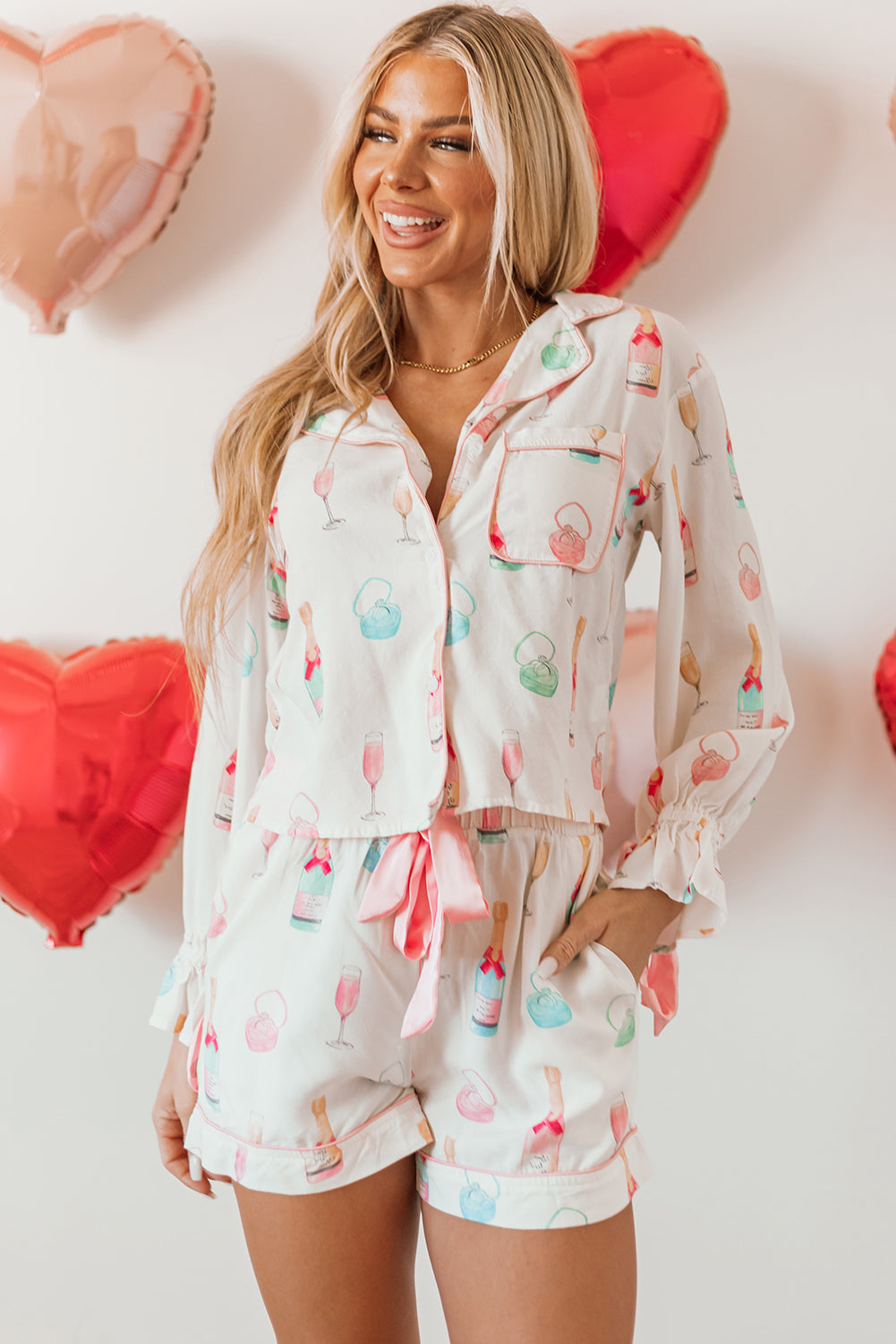 White Wine Glass Print Bow Knot Two Piece Pajama Set