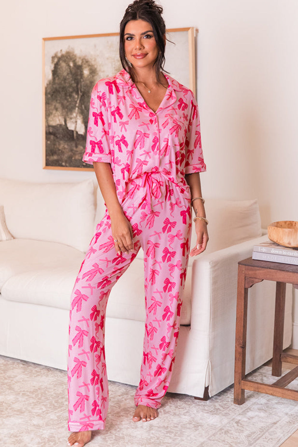 Pink Bow Knot Print Pajama Set – Lapel Collar, Short Sleeve & Pants for Valentine’s