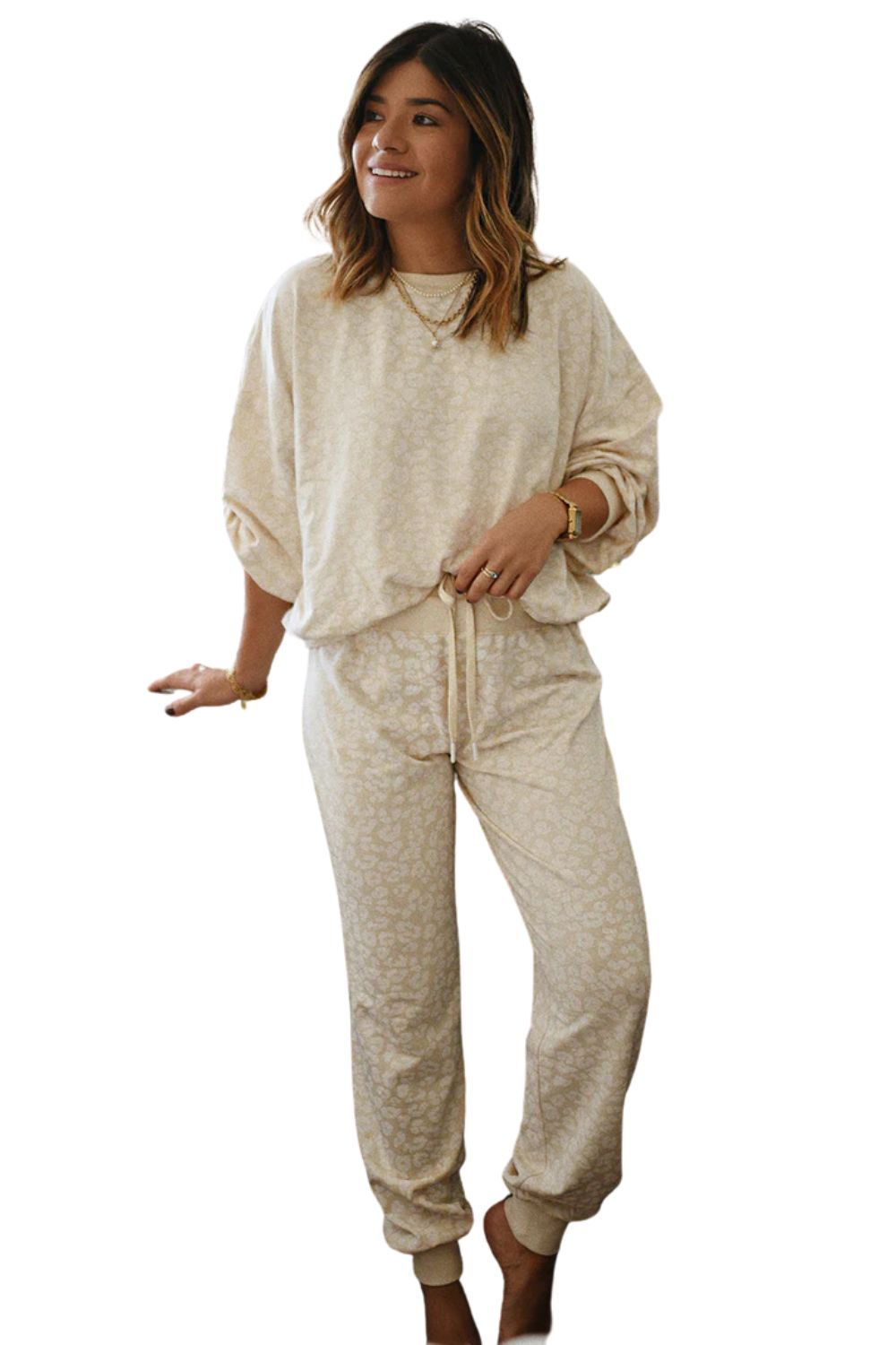 White Cheetah Print Two Piece Loose Fit Cozy Loungewear