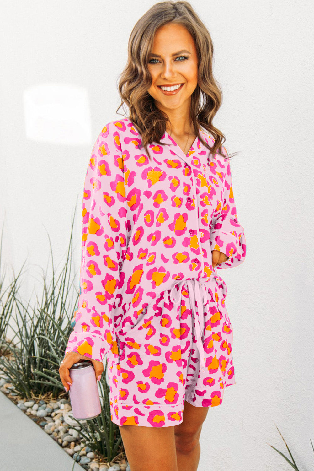 Pink Valentine’s Leopard Print Pajama Set – Long Sleeve Shirt & Shorts
