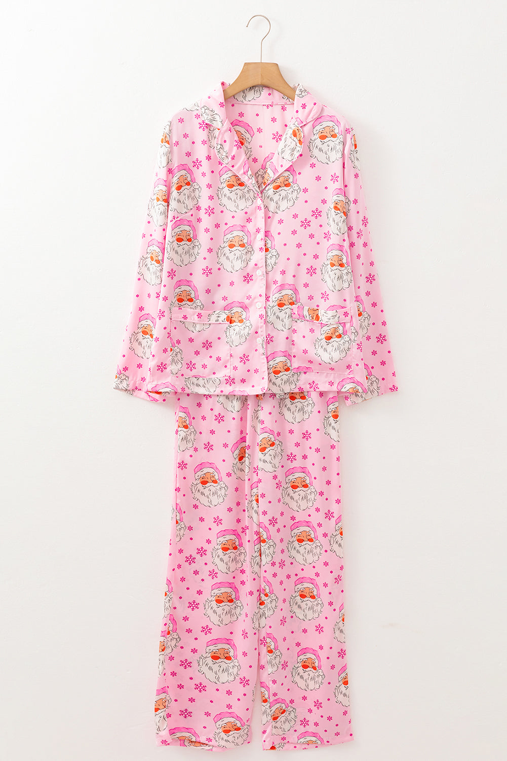 Pink Santa Claus Snowflake Long Sleeve Shirt Pajama Set