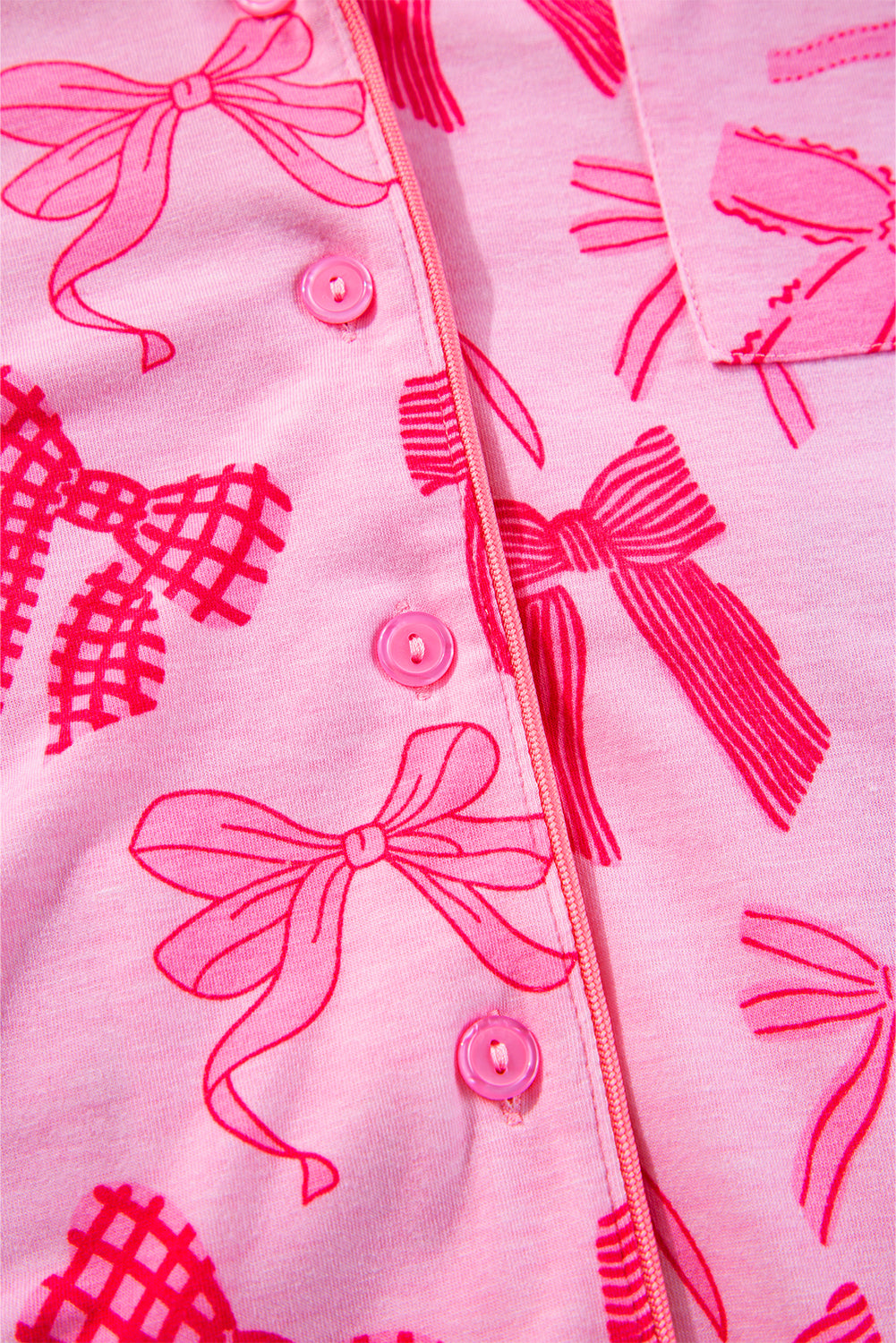 Pink Bow Knot Print Pajama Set – Lapel Collar, Short Sleeve & Pants for Valentine’s