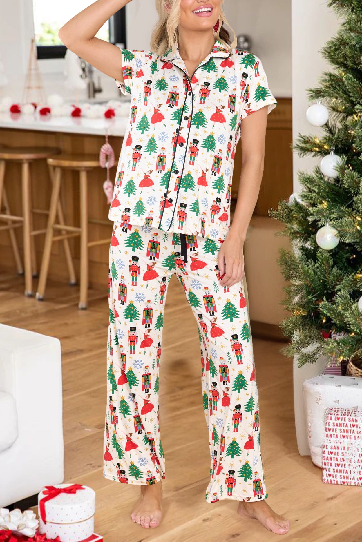 White Printed Pattern Buttoned Two Piece Sleepwear