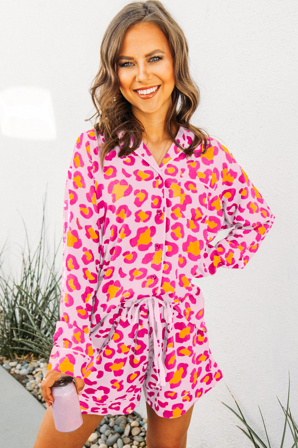 Pink Valentine’s Leopard Print Pajama Set – Long Sleeve Shirt & Shorts