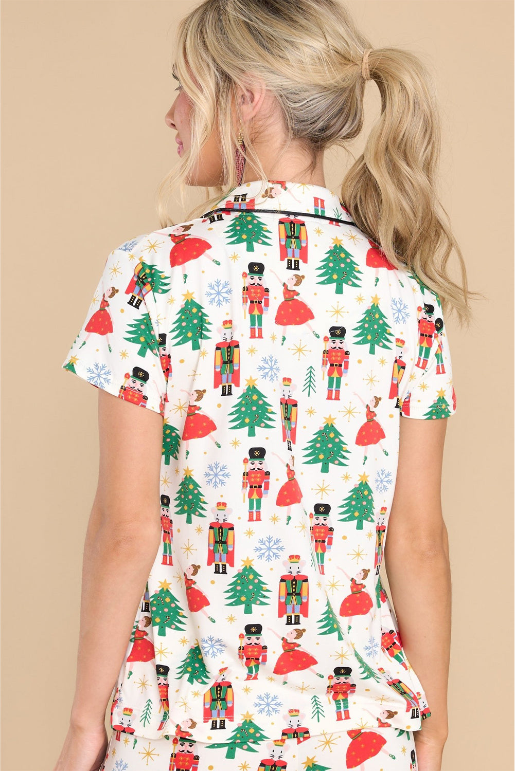 White Printed Pattern Buttoned Two Piece Sleepwear