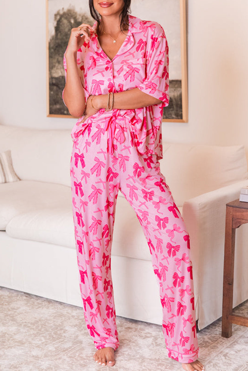 Pink Bow Knot Print Pajama Set – Lapel Collar, Short Sleeve & Pants for Valentine’s