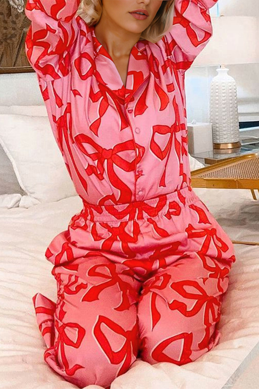 Pink 2pcs Bow Print Pajama Set – Shirt Style, Long Sleeve for Valentine’s