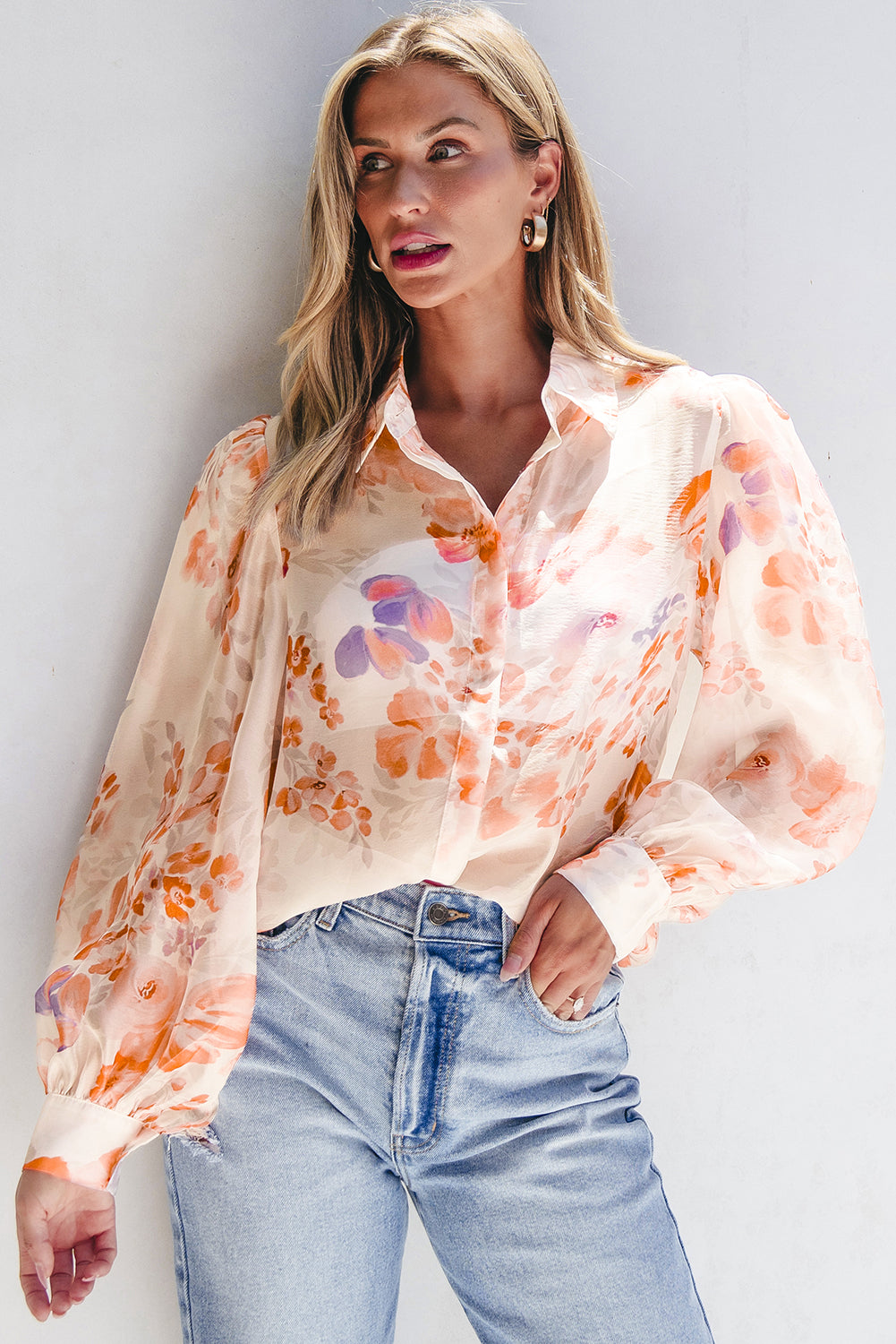 Cream floral print blouse