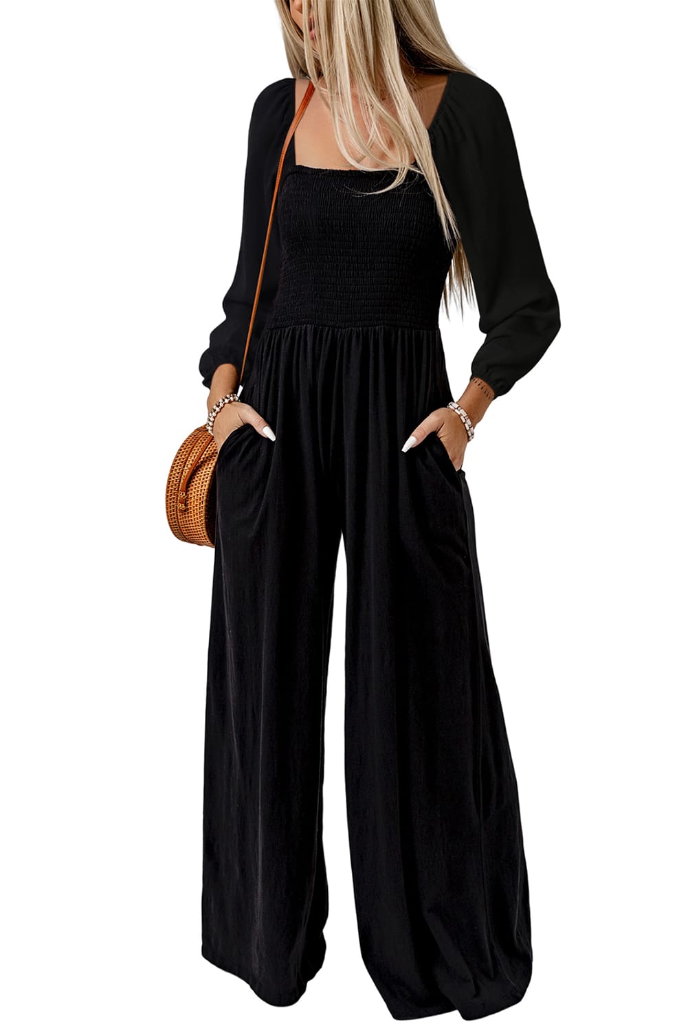 Smocked bodice jumpsuit