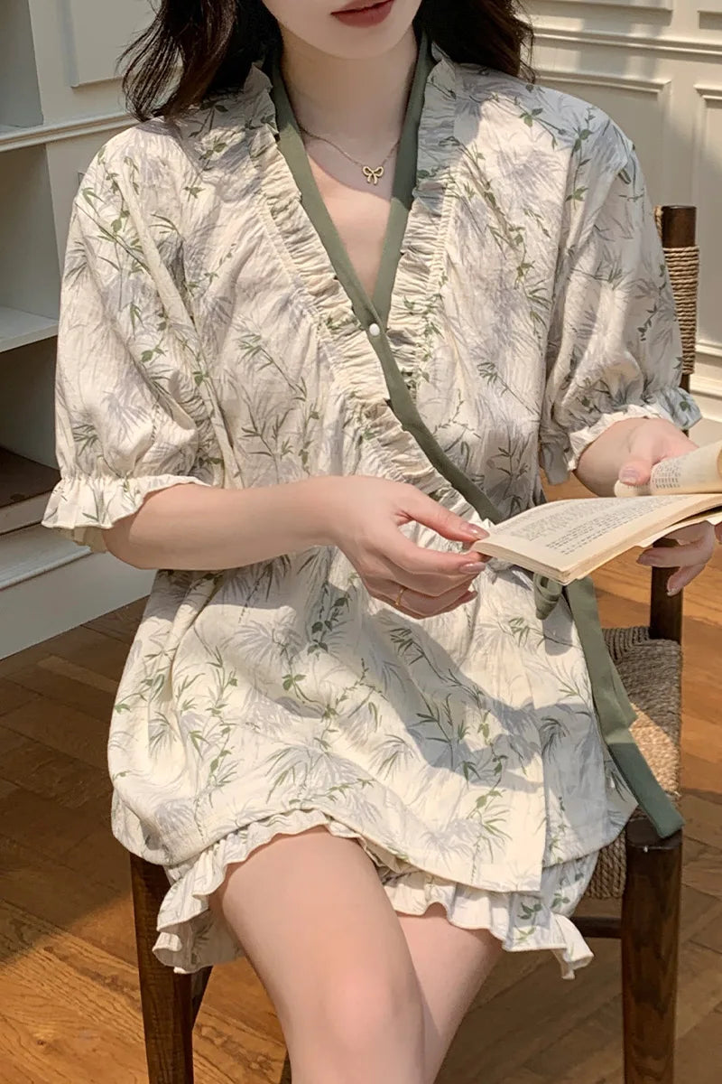 Lana Summer Bamboo Print Pajama Set – Short Sleeve Top & Shorts