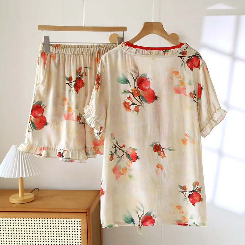 Ayla Bamboo Cotton Summer Pajamas Set – Kimono Robe & Shorts