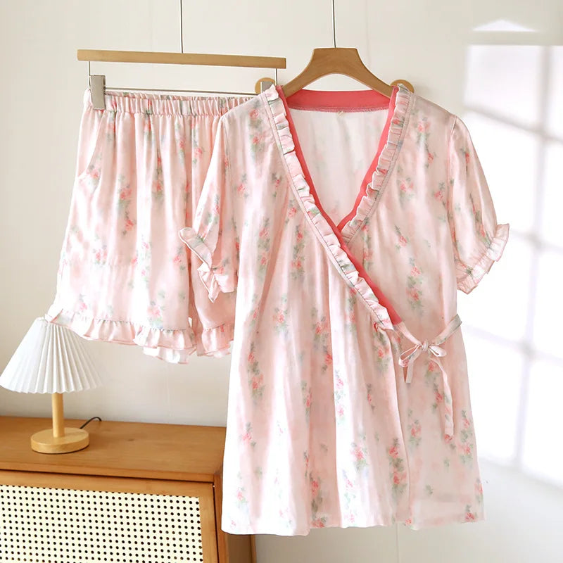 Ayla Bamboo Cotton Summer Pajamas Set – Kimono Robe & Shorts
