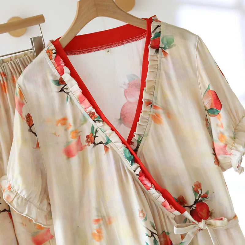 Ayla Bamboo Cotton Summer Pajamas Set – Kimono Robe & Shorts