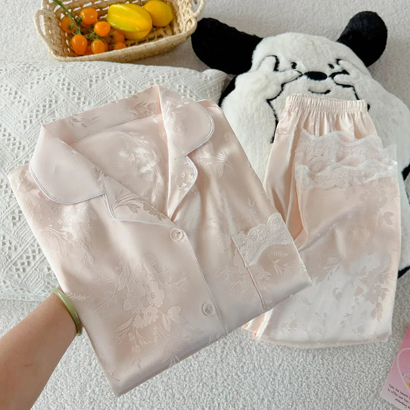 Sybil Women’s Ice Silk Pajamas – Bamboo Short Sleeve Top & Long Pants