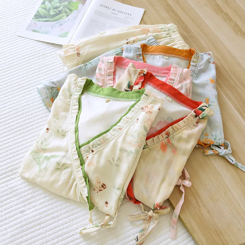 Ayla Bamboo Cotton Summer Pajamas Set – Kimono Robe & Shorts