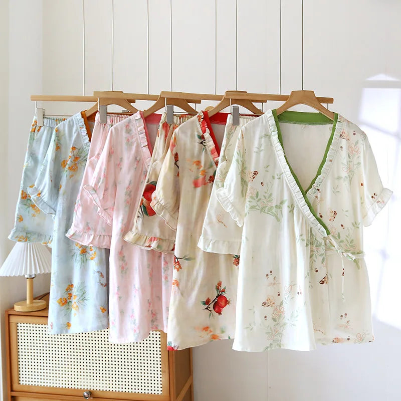 Ayla Bamboo Cotton Summer Pajamas Set – Kimono Robe & Shorts