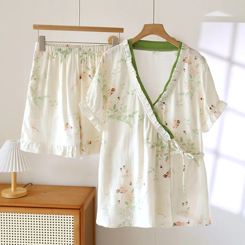 Ayla Bamboo Cotton Summer Pajamas Set – Kimono Robe & Shorts