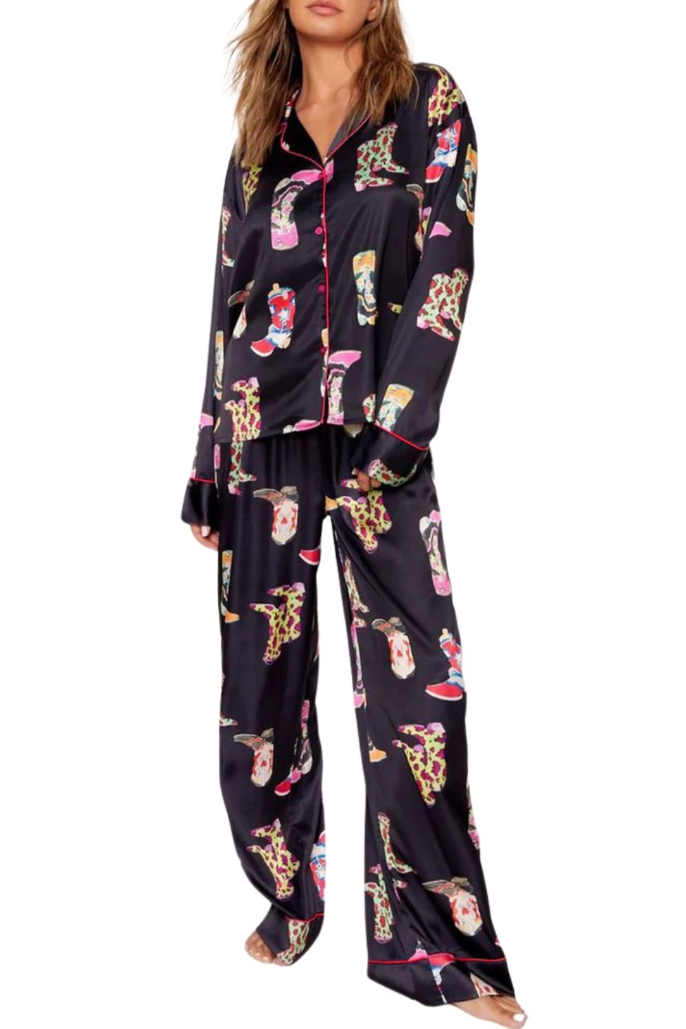 Black Western Cowgirl Boots Printed Satin Long Pajama Set