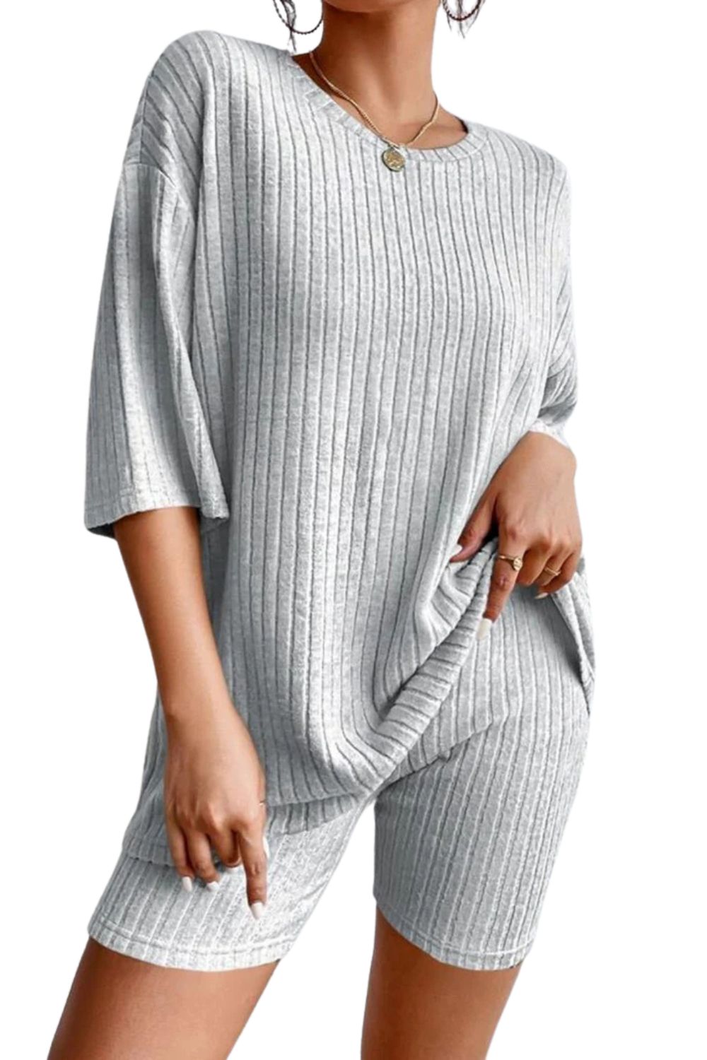 Gray Plain Ribbed Loose Fit Two Piece Lounge Set