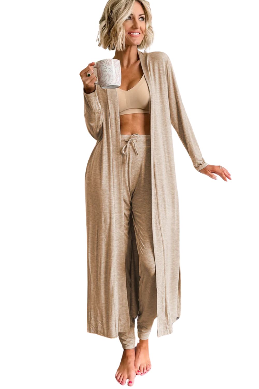Parchment Split Long Cardigan and Skinny Pants Lounge Set