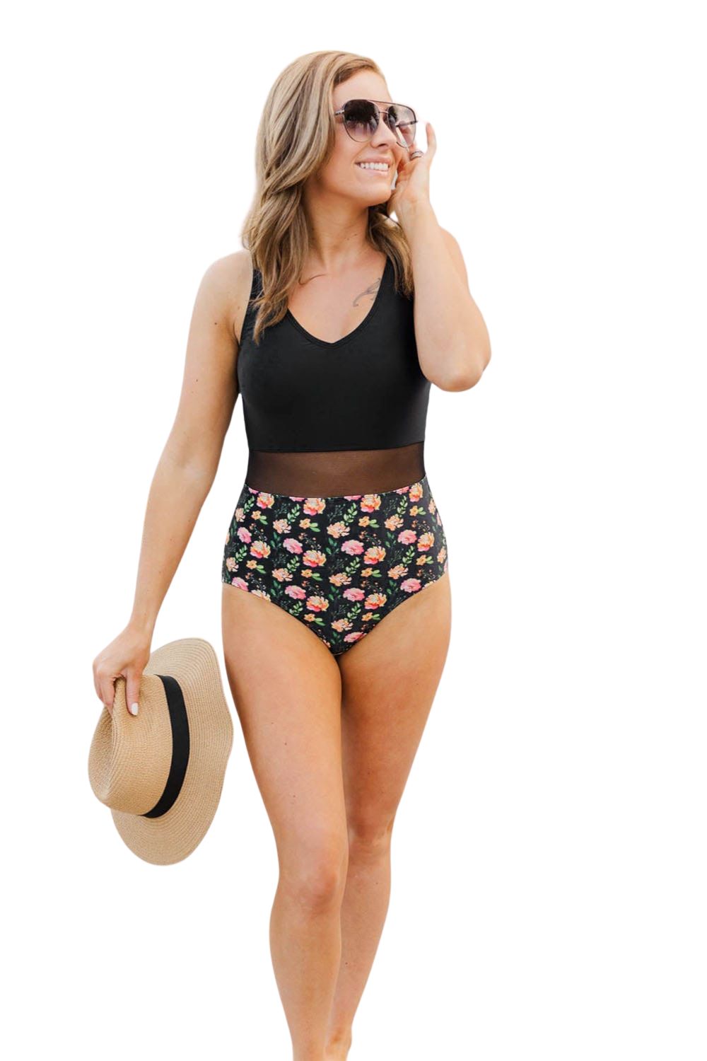 Floral V-Neck One Piece Swimsuit | High Waist Mesh Detail