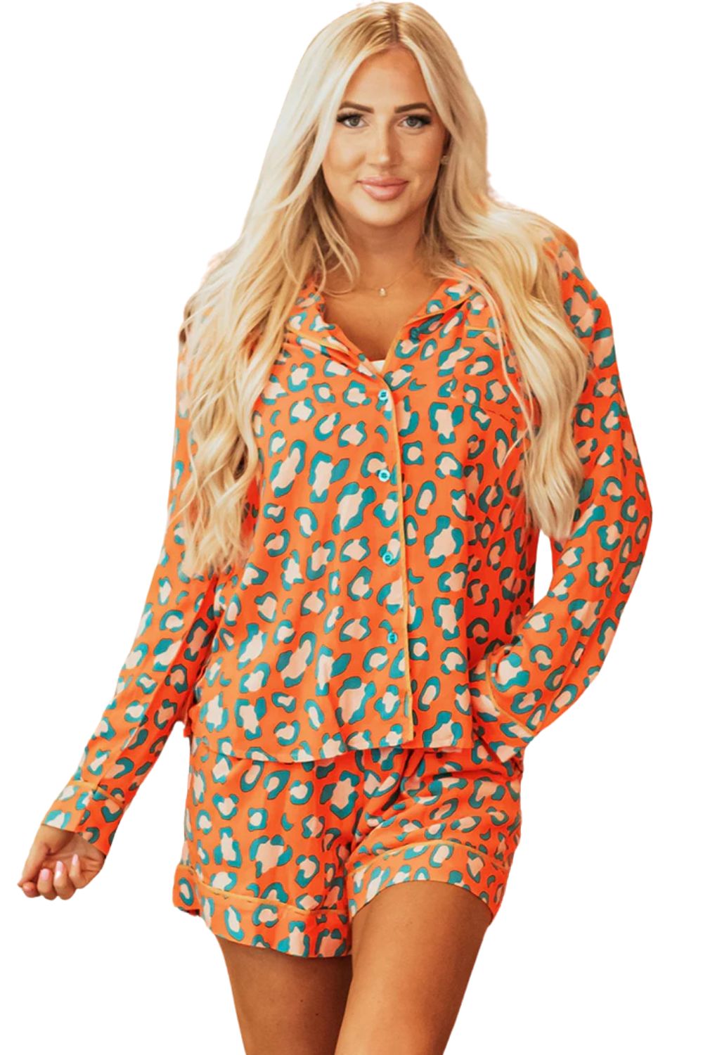 Orange Leopard Print Valentine’s Pajama Set – Long Sleeve Shirt & Shorts