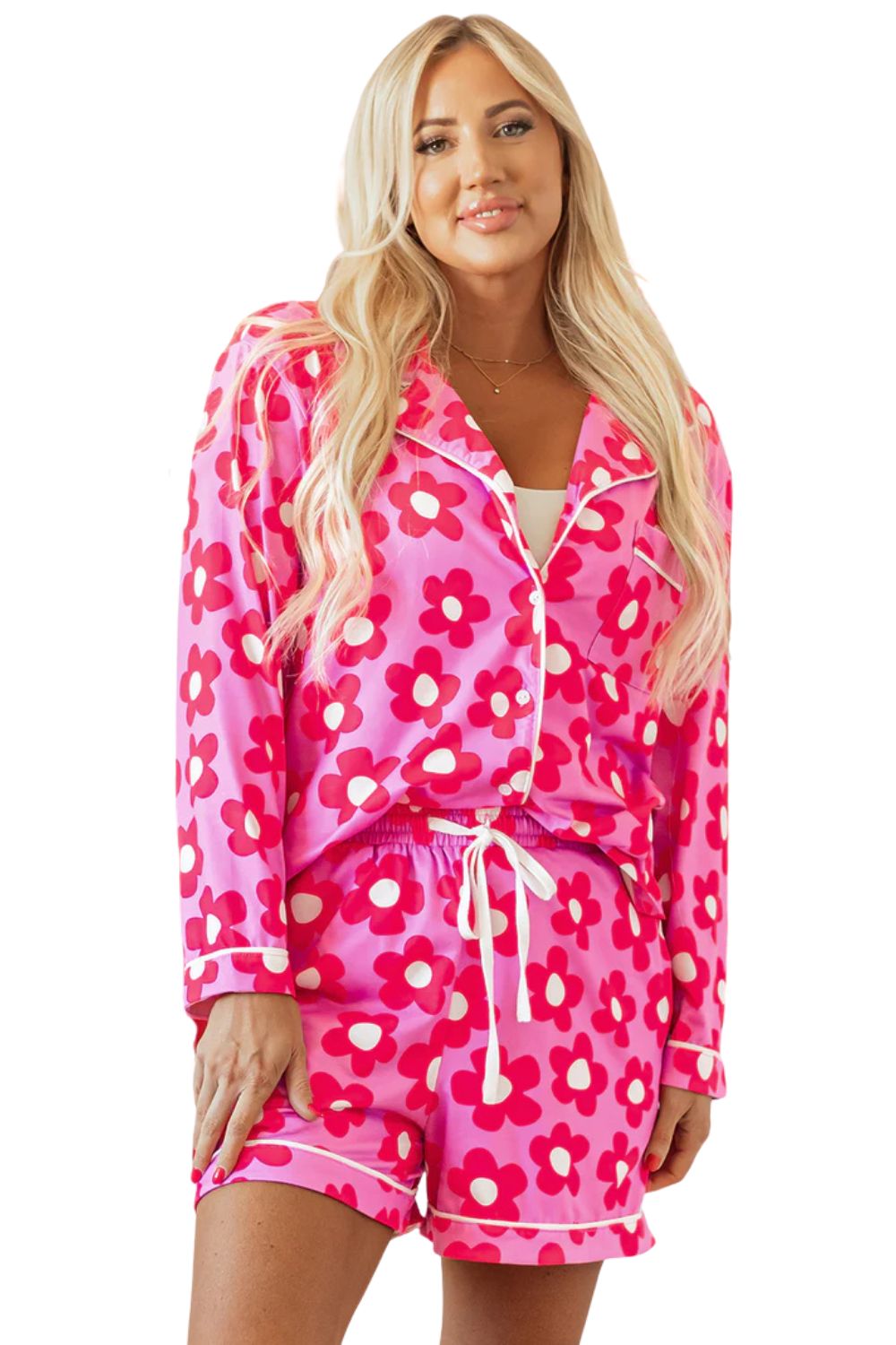 Pink Flower Print Pajama Set – Long Sleeve Shirt & Shorts for Valentine’s