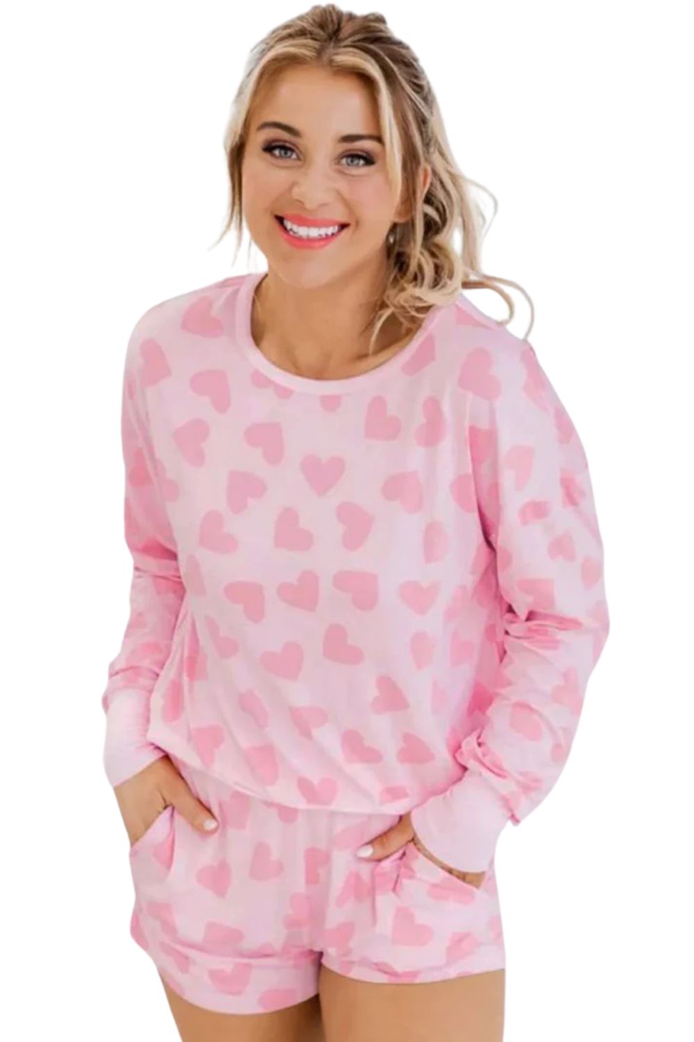 Pink Valentine Heart Shape Print Long Sleeve Top Shorts Lounge Set