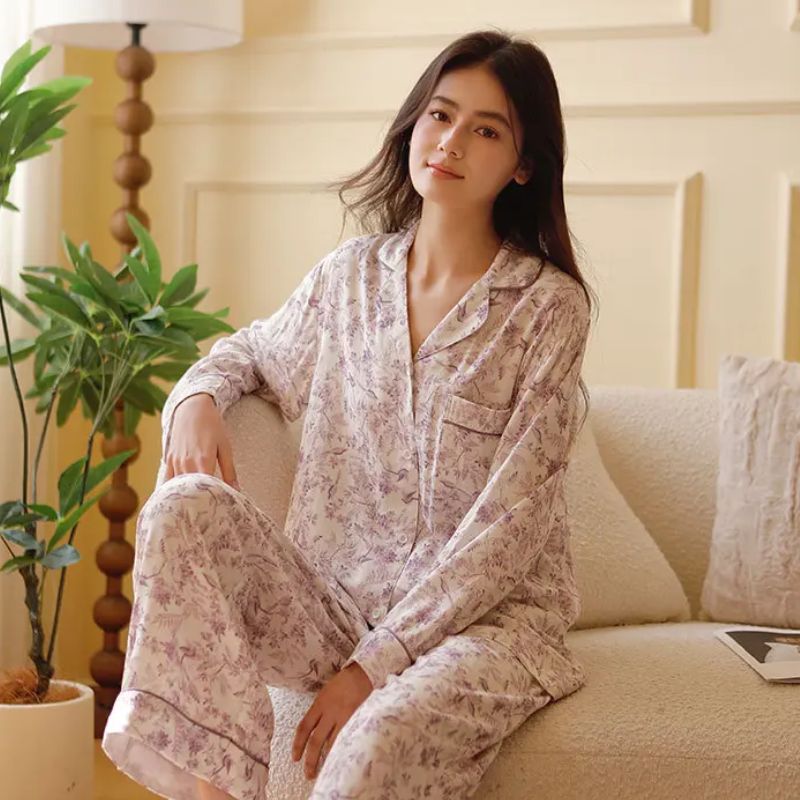 Talara Women’s Bamboo Cotton Pajama Set – Long Sleeve Purple Print
