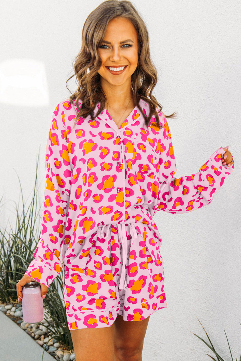 Pink Valentine’s Leopard Print Pajama Set – Long Sleeve Shirt & Shorts