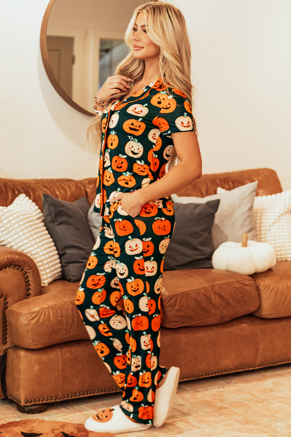 Orange Pattern Short Sleeve Shirt Pajama Set